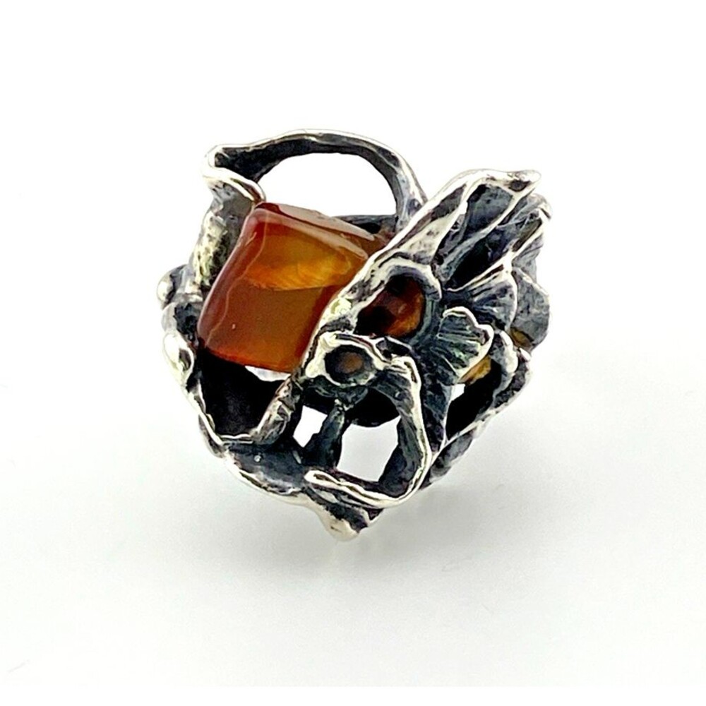 1970s Brutalist Sterling Silver Carnelian Sculptural Statement Ring Size 6.5